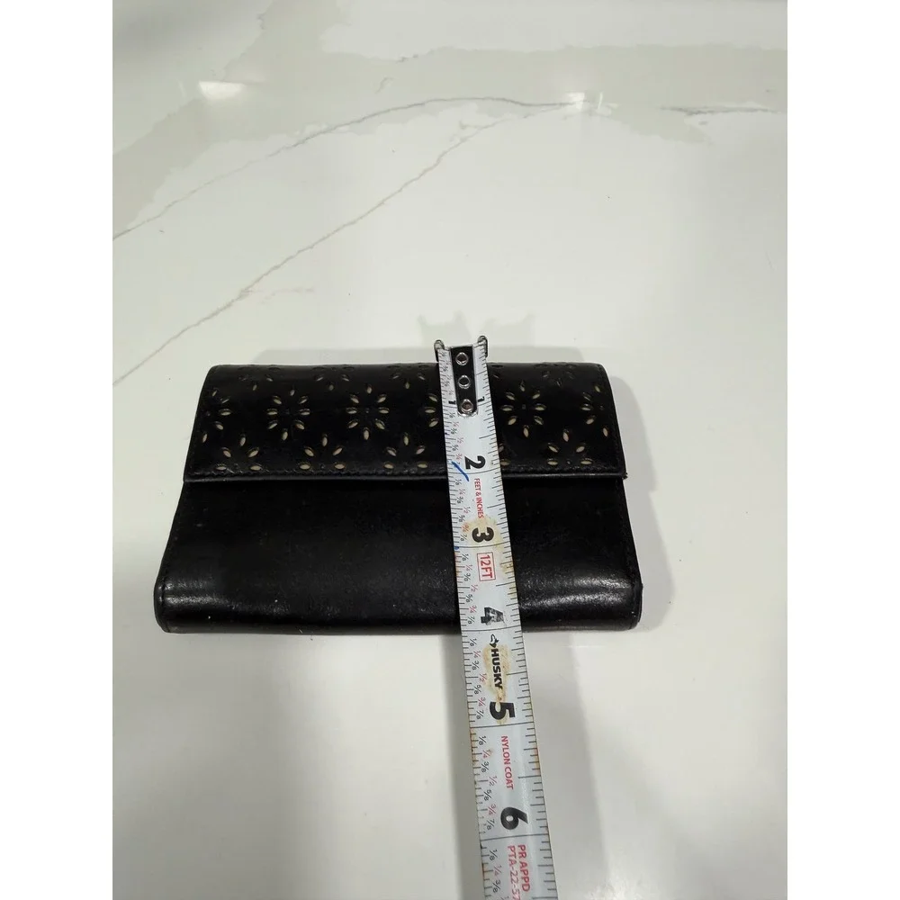 Lauren Ralph Lauren Black Leather Trifold Wallet Floral Eyelet Laser Cut Logo